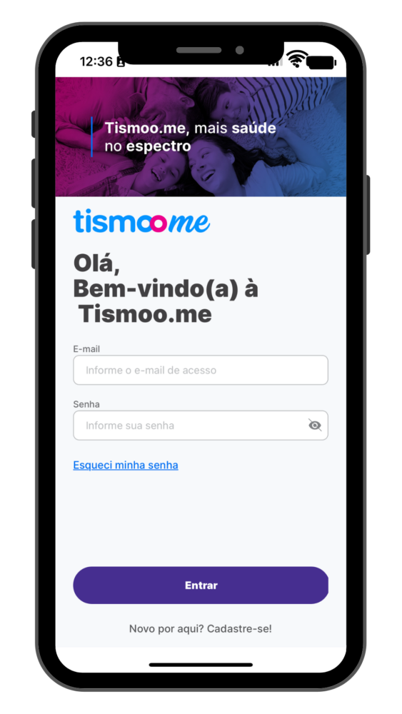 Tela de login do aplicativo Tismoo.me, que promove mais saúde no espectro do autismo.