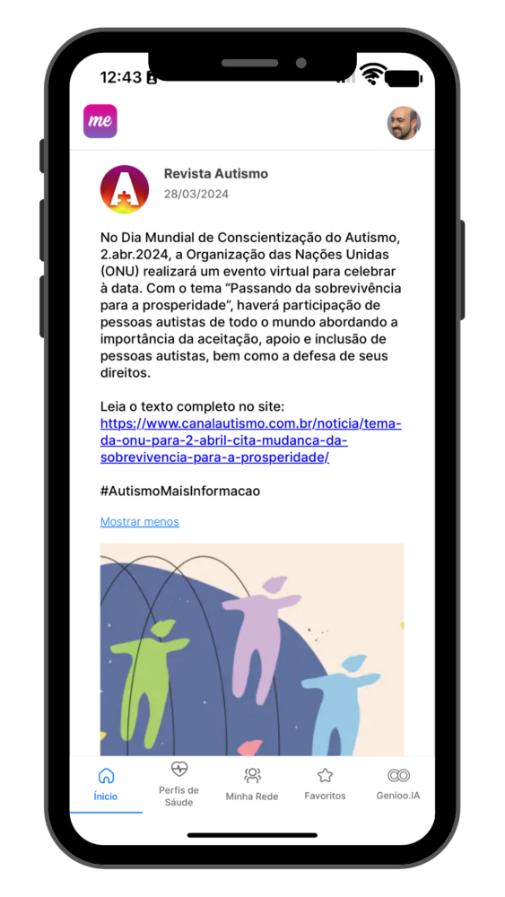 Tela do feed de conteúdo do aplicativo Tismoo.me, que promove mais saúde no espectro do autismo.