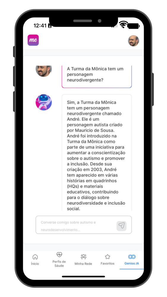 Tela de chat com a inteligência artificial Genioo do aplicativo Tismoo.me, que promove mais saúde no espectro do autismo.
